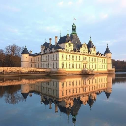 Ancien château de Chenonceau reflétant sur la rivière Cher en France