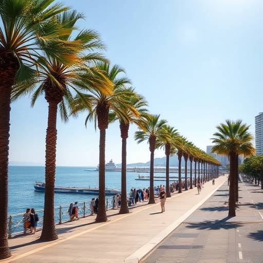 La Promenade des Anglais à Nice, avec ses palmiers et sa vue sur la mer Méditerranée.