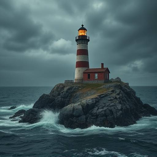 Phare abandonn√©, isol√© sur un √Ælot rocheux, battu par les vents et les vagues