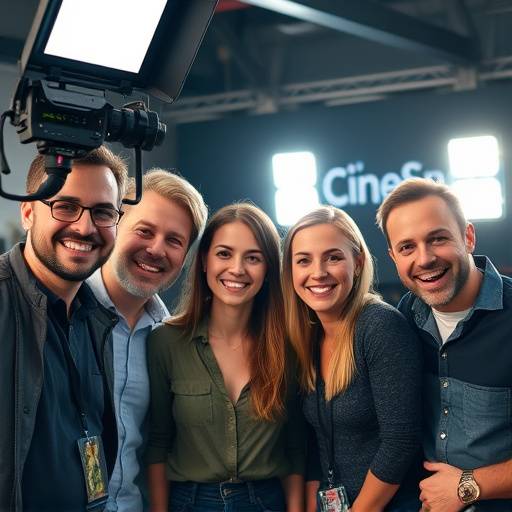 Photo d'équipe de CineSpot, souriant et posant devant une caméra de cinéma