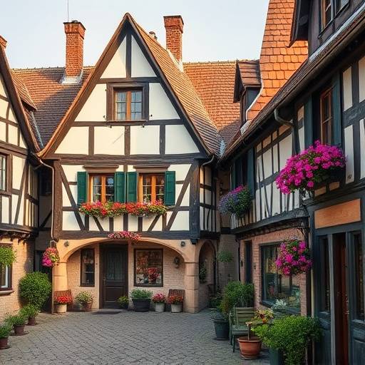 Vignette d'un article de blog sur le charme des villages alsaciens pour les tournages, montrant une maison √† colombages d√©cor√©e de fleurs.