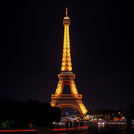 Vue de la Tour Eiffel illumin√©e √† Paris, France